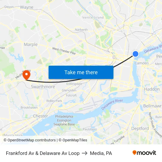 Frankford Av & Delaware Av Loop to Media, PA map