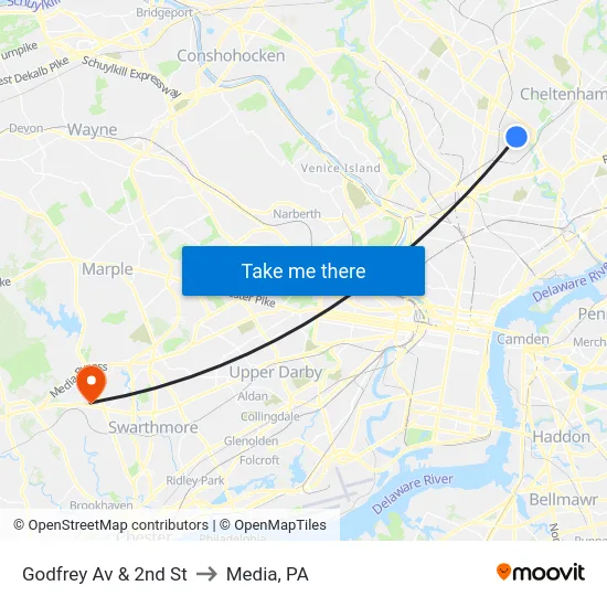 Godfrey Av & 2nd St to Media, PA map