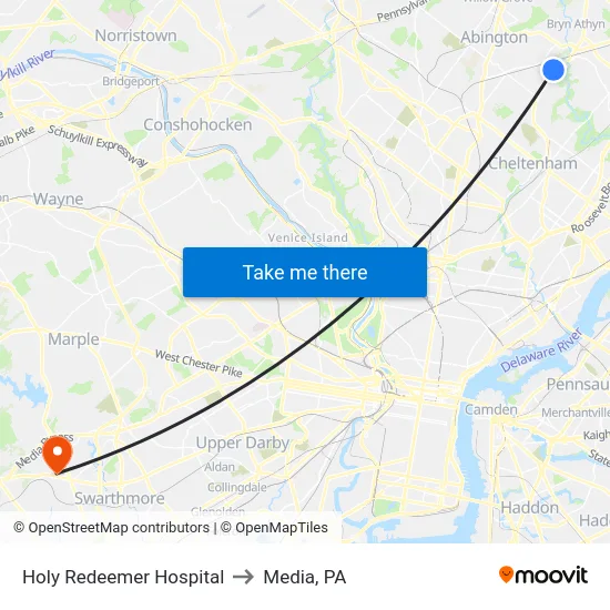Holy Redeemer Hospital to Media, PA map