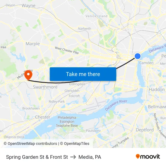 Spring Garden St & Front St to Media, PA map