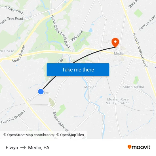 Elwyn to Media, PA map