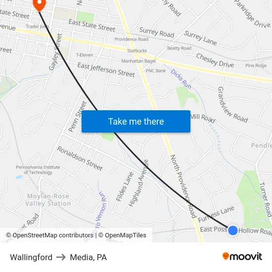 Wallingford to Media, PA map