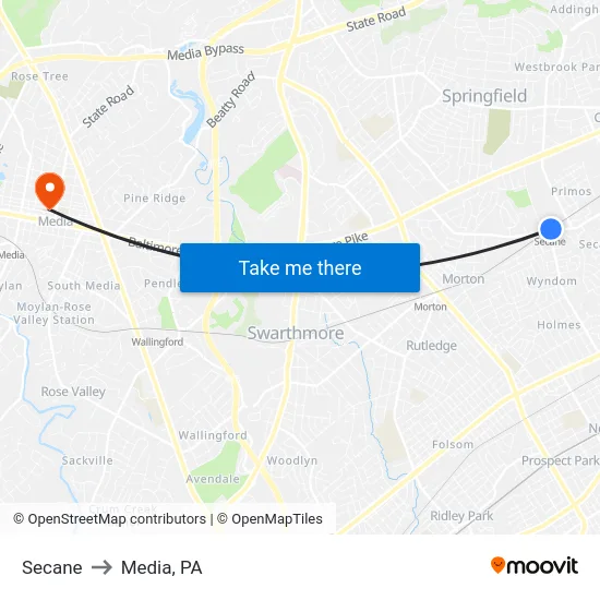 Secane to Media, PA map