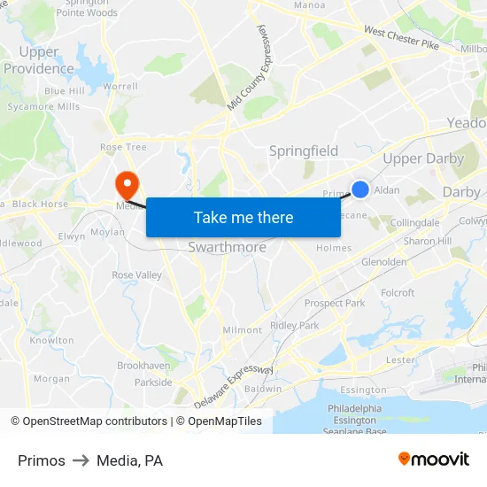 Primos to Media, PA map