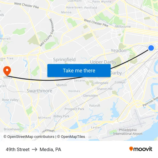 49th Street to Media, PA map