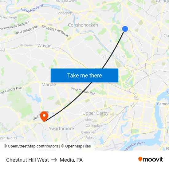 Chestnut Hill West to Media, PA map
