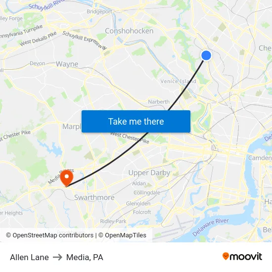 Allen Lane to Media, PA map