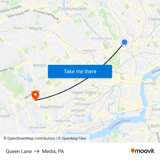 Queen Lane to Media, PA map