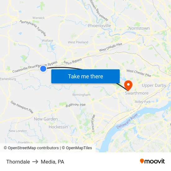 Thorndale to Media, PA map