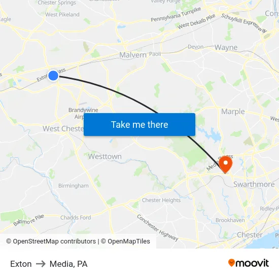 Exton to Media, PA map