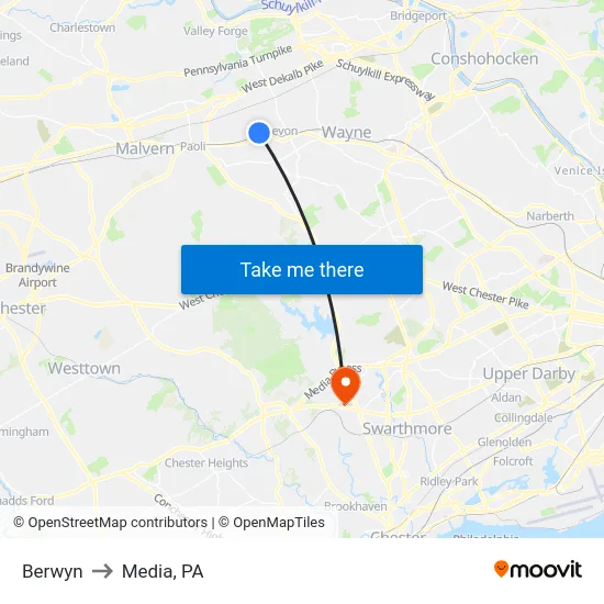 Berwyn to Media, PA map