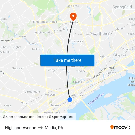 Highland Avenue to Media, PA map
