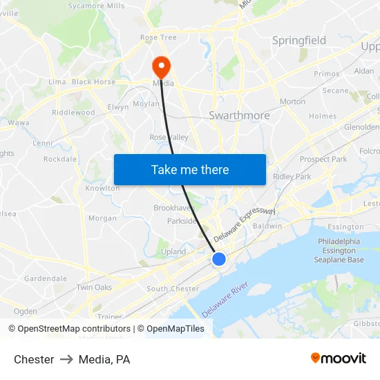 Chester to Media, PA map
