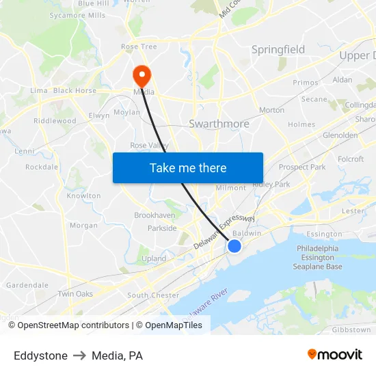 Eddystone to Media, PA map