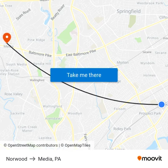 Norwood to Media, PA map