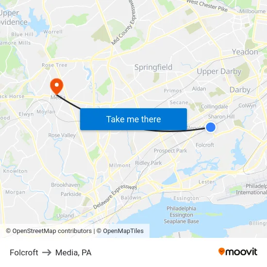 Folcroft to Media, PA map