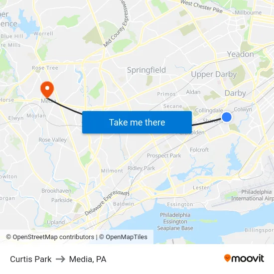 Curtis Park to Media, PA map