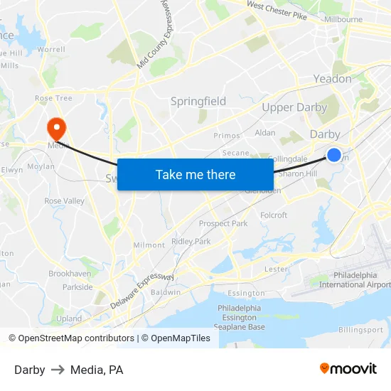 Darby to Media, PA map