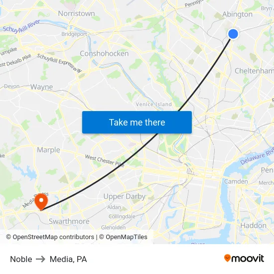 Noble to Media, PA map