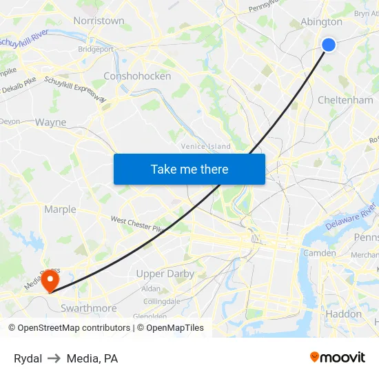 Rydal to Media, PA map