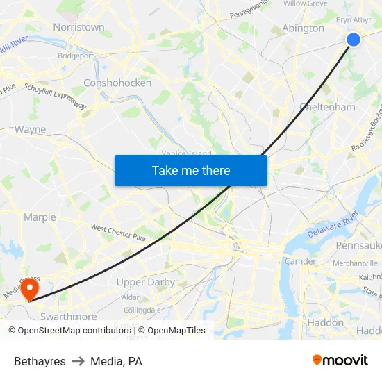 Bethayres to Media, PA map