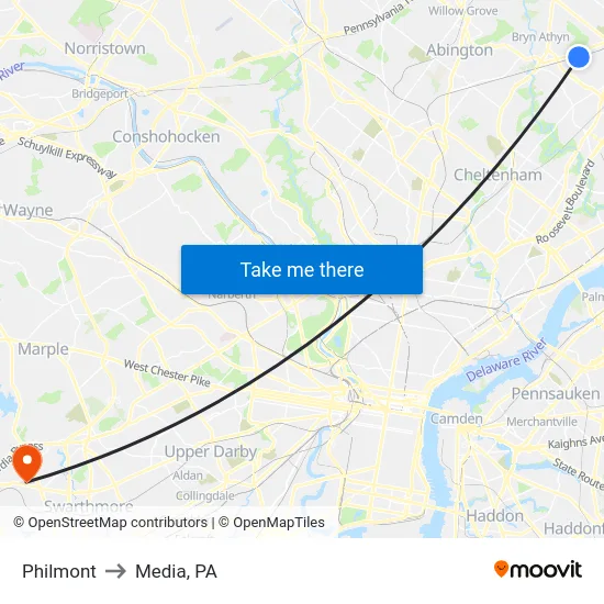 Philmont to Media, PA map