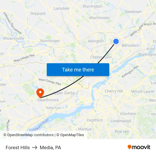 Forest Hills to Media, PA map
