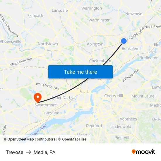 Trevose to Media, PA map