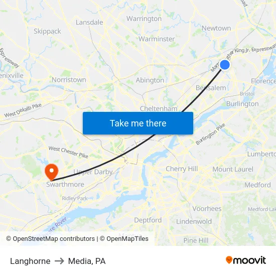 Langhorne to Media, PA map