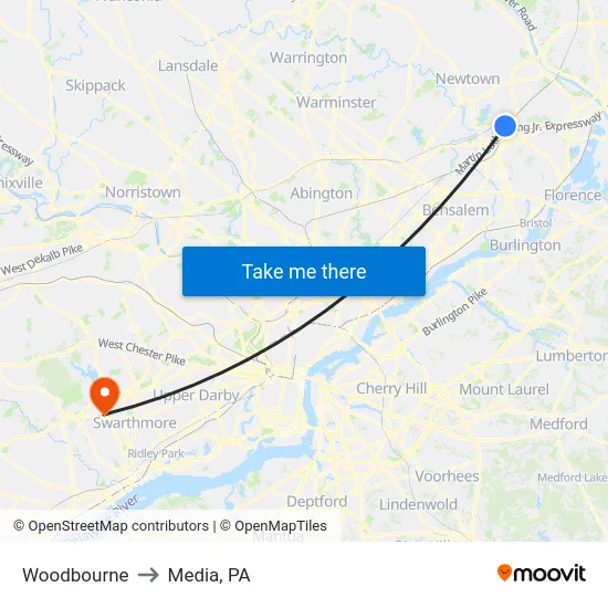 Woodbourne to Media, PA map