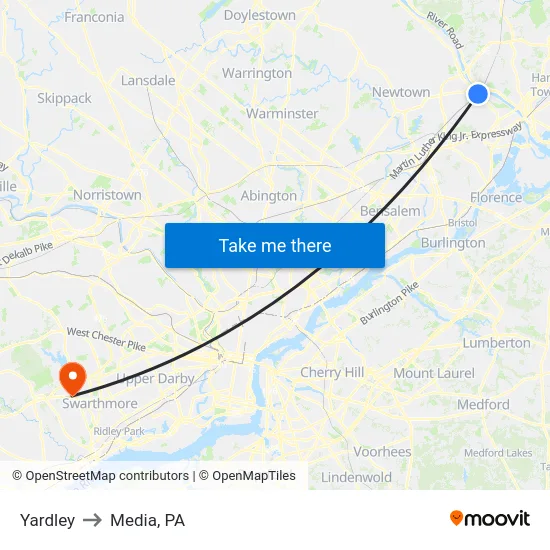Yardley to Media, PA map