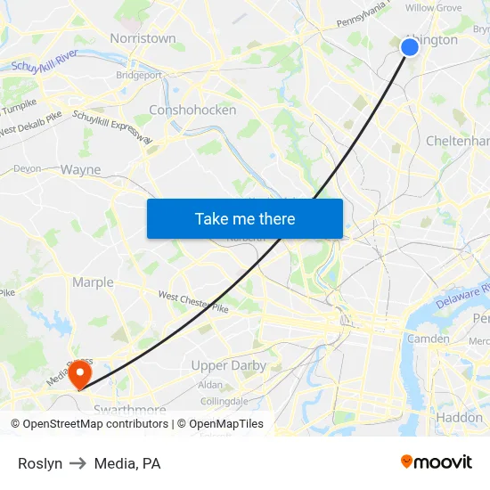 Roslyn to Media, PA map