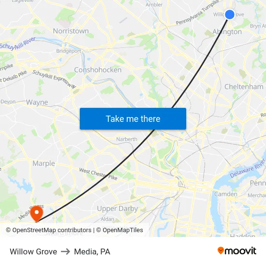Willow Grove to Media, PA map