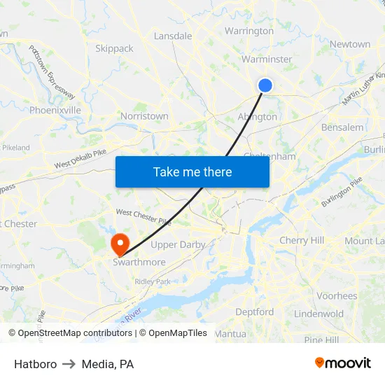 Hatboro to Media, PA map