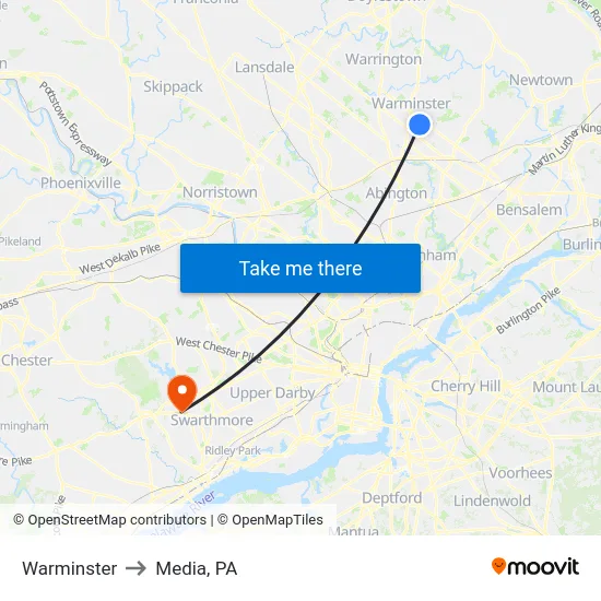 Warminster to Media, PA map