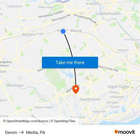 Devon to Media, PA map