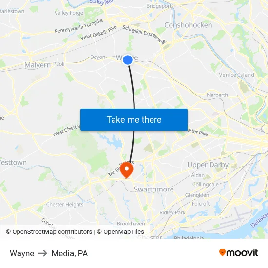 Wayne to Media, PA map