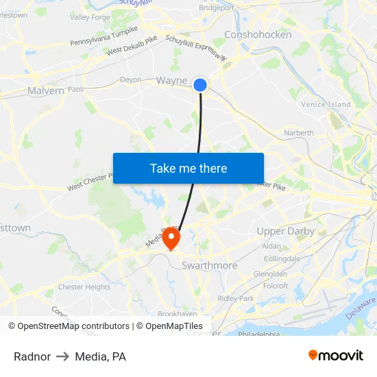 Radnor to Media, PA map