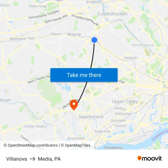 Villanova to Media, PA map