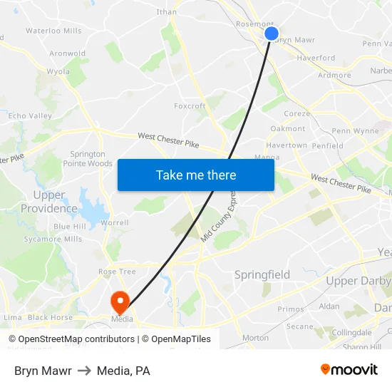 Bryn Mawr to Media, PA map