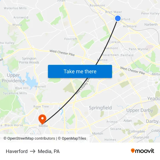Haverford to Media, PA map