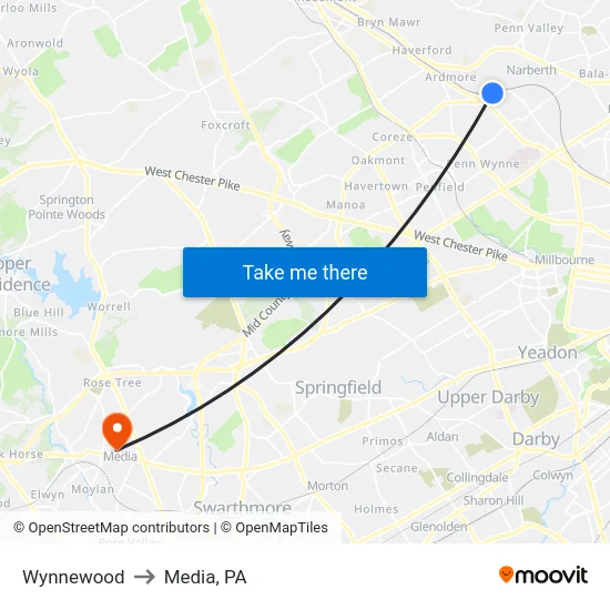 Wynnewood to Media, PA map