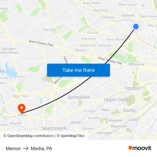 Merion to Media, PA map