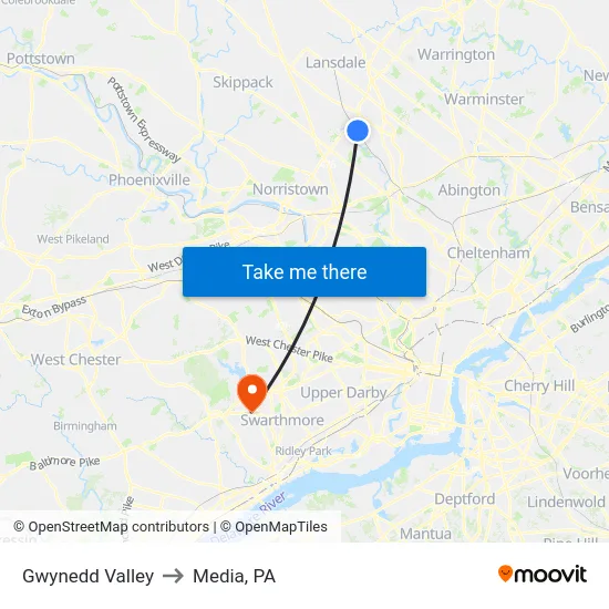 Gwynedd Valley to Media, PA map