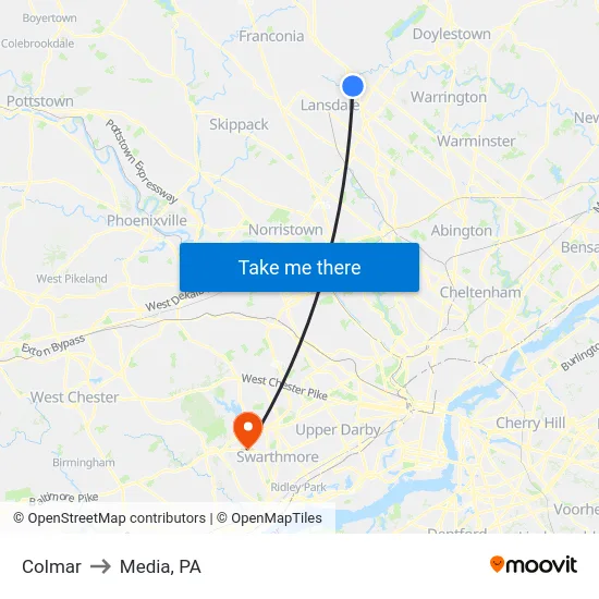 Colmar to Media, PA map