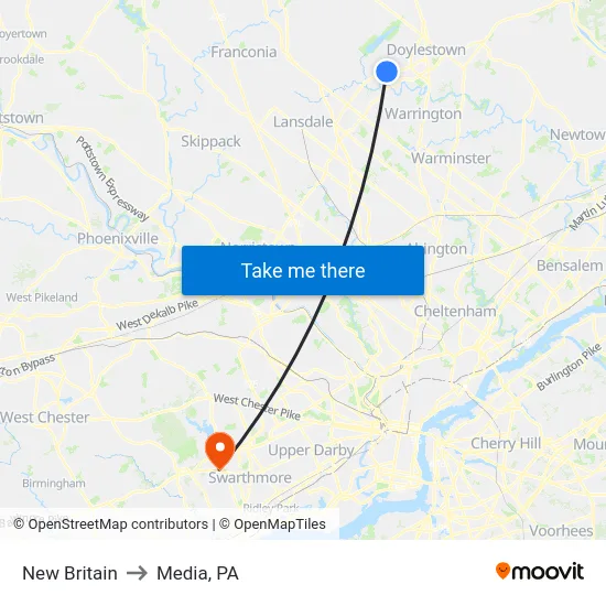 New Britain to Media, PA map