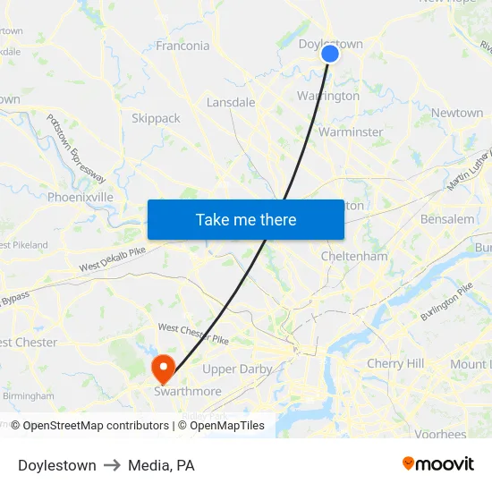 Doylestown to Media, PA map