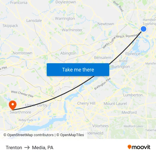 Trenton to Media, PA map
