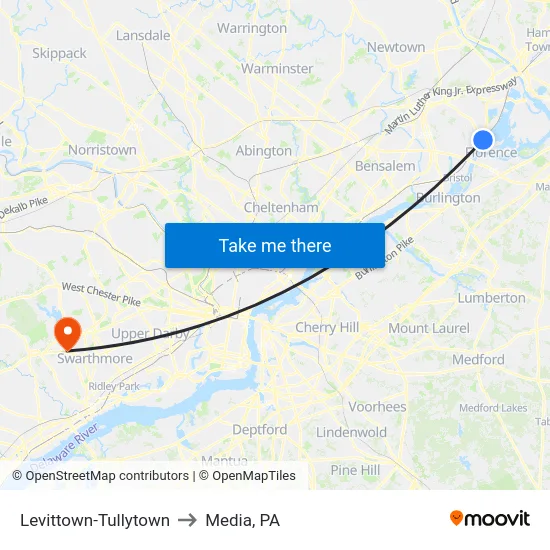 Levittown-Tullytown to Media, PA map