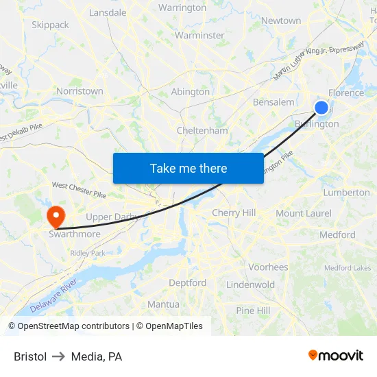 Bristol to Media, PA map